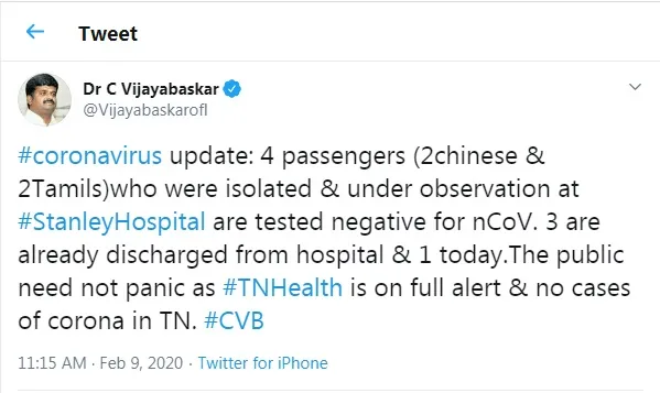 coronovirus infection tamilnadu health minister vijaya baskar tweet 